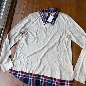 J. Crew Beige Sweater with Plaid Collar